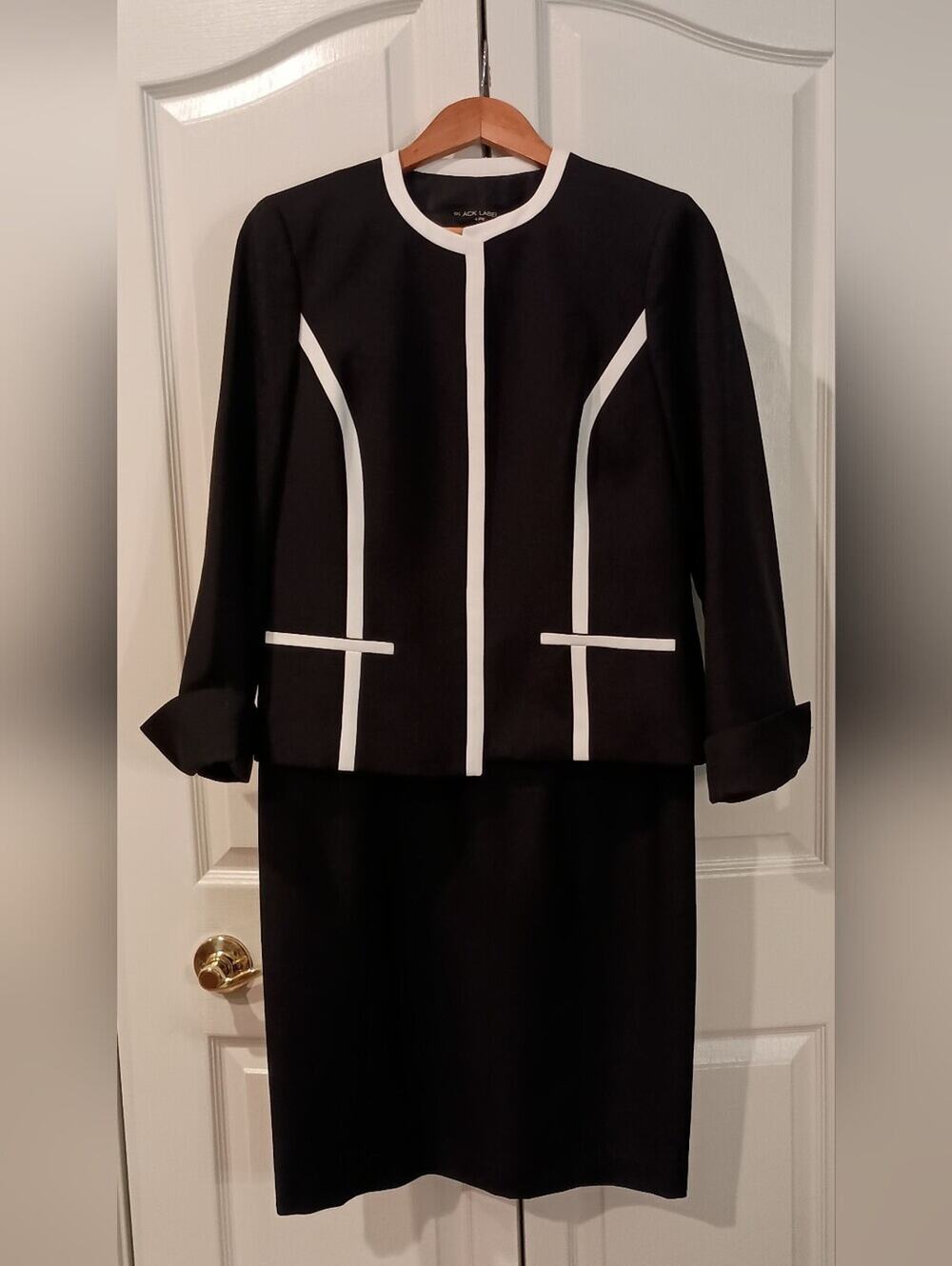 Black and White Contrast Trim Collarless Blazer And Dress Suit by Black Label
